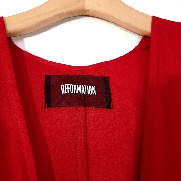 REFORMATION Melanie Belted Wrap Short Sleeve Plunging Midi Dress Cherry Red 2 - Picture 2 of 11